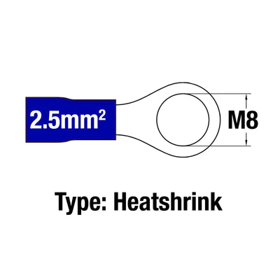 Insulated Ring Terminal BLU M8 16-14AWG 1.5-2.5mm2 Heatshrink - Connector-Tech ALS