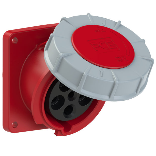 PCE CEE IEC 60309 Angled Panel Socket Outlet 5 way RED IP67 63A 400V 106x110/90x90mm