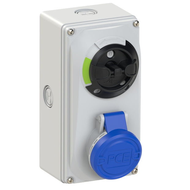 PCE CEE IEC 60309 Switched Socket Outlet 3 Way BLU IP44/IP54 16A 230V 6H Interlock with KO