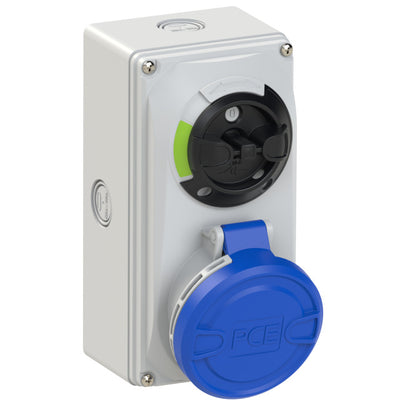 PCE CEE IEC 60309 Switched Socket Outlet 3 Way BLU IP44/IP54 32A 230V 6H Interlock with KO