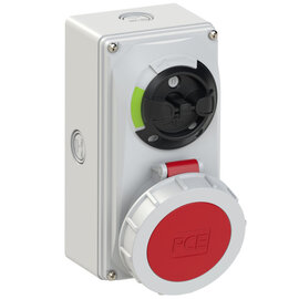 PCE CEE IEC 60309 Wall Socket Outlet 4 Way RED IP67 32A 400V 6H Switched Interlock with Knock-outs