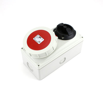 PCE CEE IEC 60309 Wall Socket Outlet 4 Way RED IP67 32A 400V 6H Switched Interlock with Knock-outs