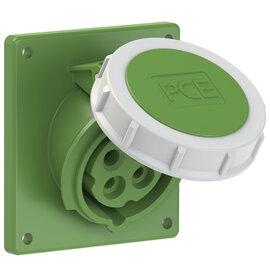 PCE CEE IEC 60309 Angled Panel Socket Outlet 4 way GRN IP67 16A 50V 92x100/77x85mm