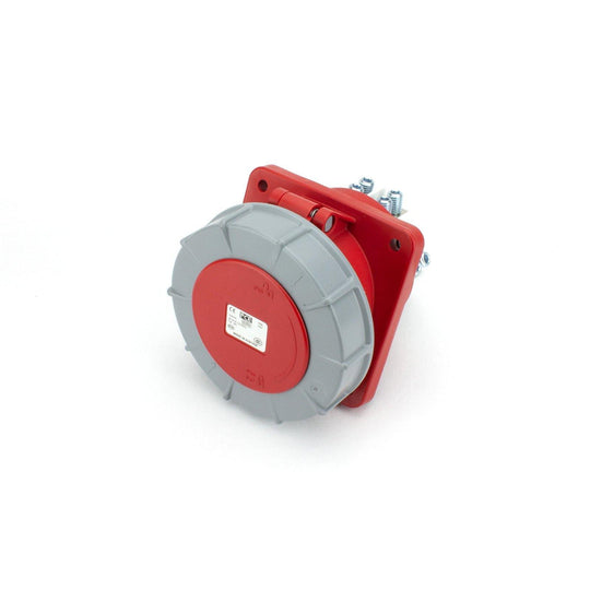 PCE CEE IEC 60309 Angled Panel Socket Outlet 5 way Socket-Contacts RED IP67 125A 400V 114x114 - Connector-Tech ALS