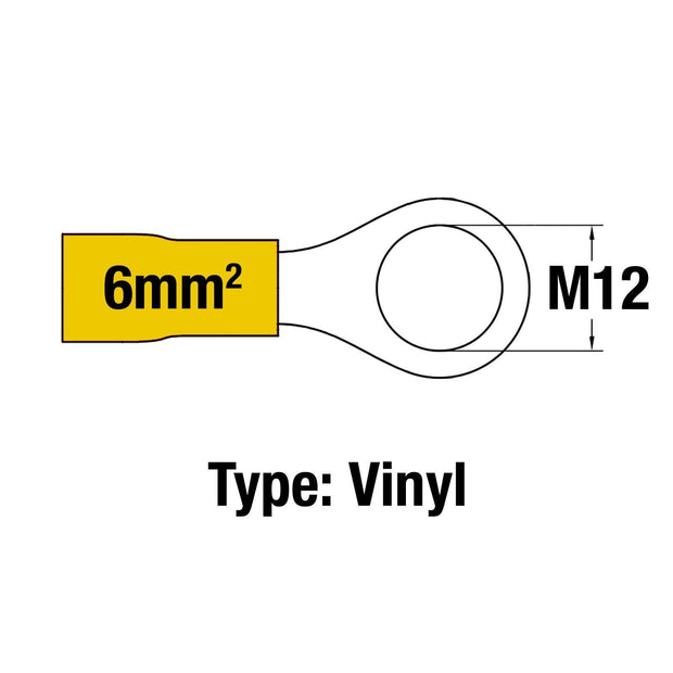 Insulated Ring Terminal YEL M12 14-10AWG 2.5-6mm2 Vinyl - Connector-Tech ALS