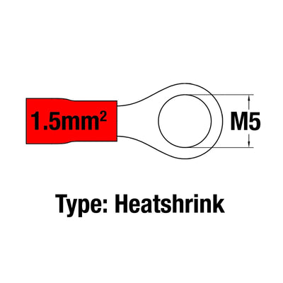 Insulated Ring Terminal RED M5 22-16AWG 0.5-1.5mm2 Heatshrink - Connector-Tech ALS