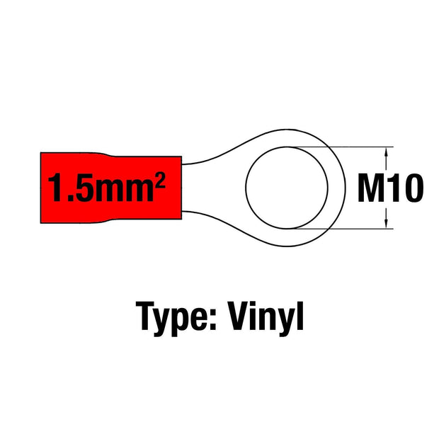 Insulated Ring Terminal RED M10 22-16AWG 0.5-1.5mm2 Vinyl - Connector-Tech ALS