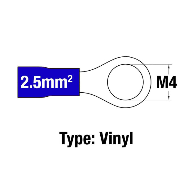 Insulated Ring Terminal BLU M4 16-14AWG 1.5-2.5mm2 Vinyl - Connector-Tech ALS