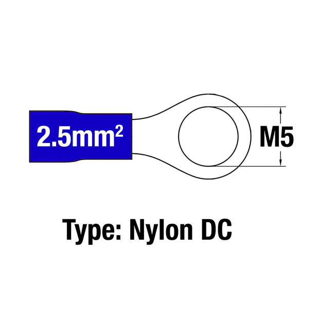 Insulated Ring Terminal BLU M5 16-14AWG 1.5-2.5mm2 Nylon DC - Connector-Tech ALS
