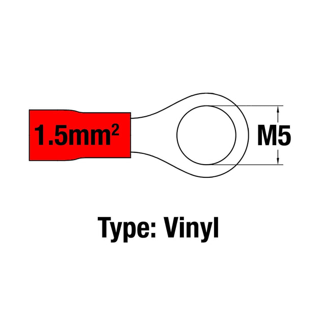Insulated Ring Terminal RED M5 22-16AWG 0.5-1.5mm2 Vinyl - Connector-Tech ALS