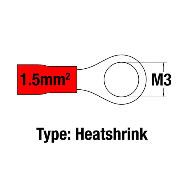 Insulated Ring Terminal RED M3 22-16AWG 0.5-1.5mm2 Heatshrink - Connector-Tech ALS